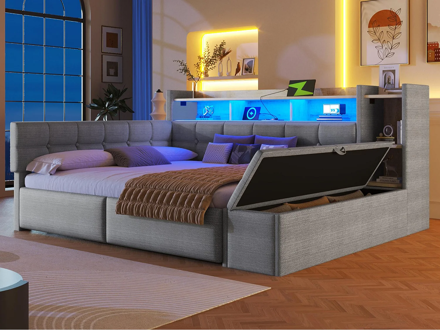 Divano letto 140x190 cm - con 2 cassetti - interfaccia USB + Type-C - con scomparti di riporre - con luce LED - grigio​ (materasso non incluso)