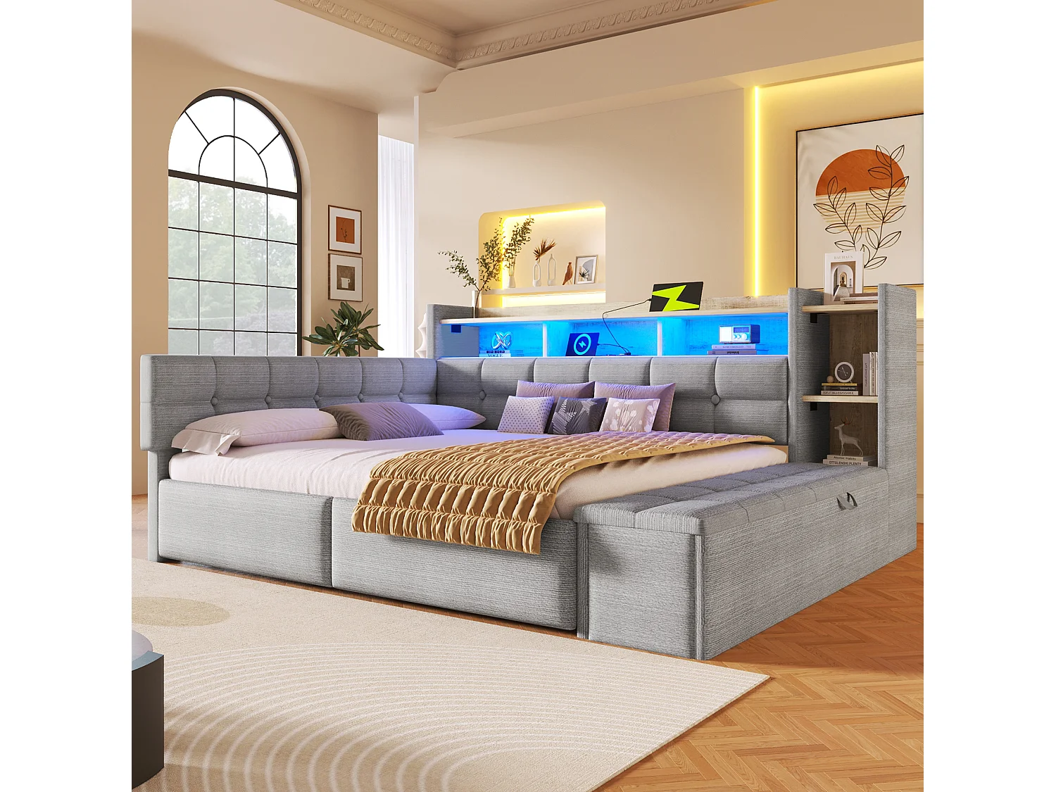 Divano letto 140x190 cm - con 2 cassetti - interfaccia USB + Type-C - con scomparti di riporre - con luce LED - grigio​ (materasso non incluso)