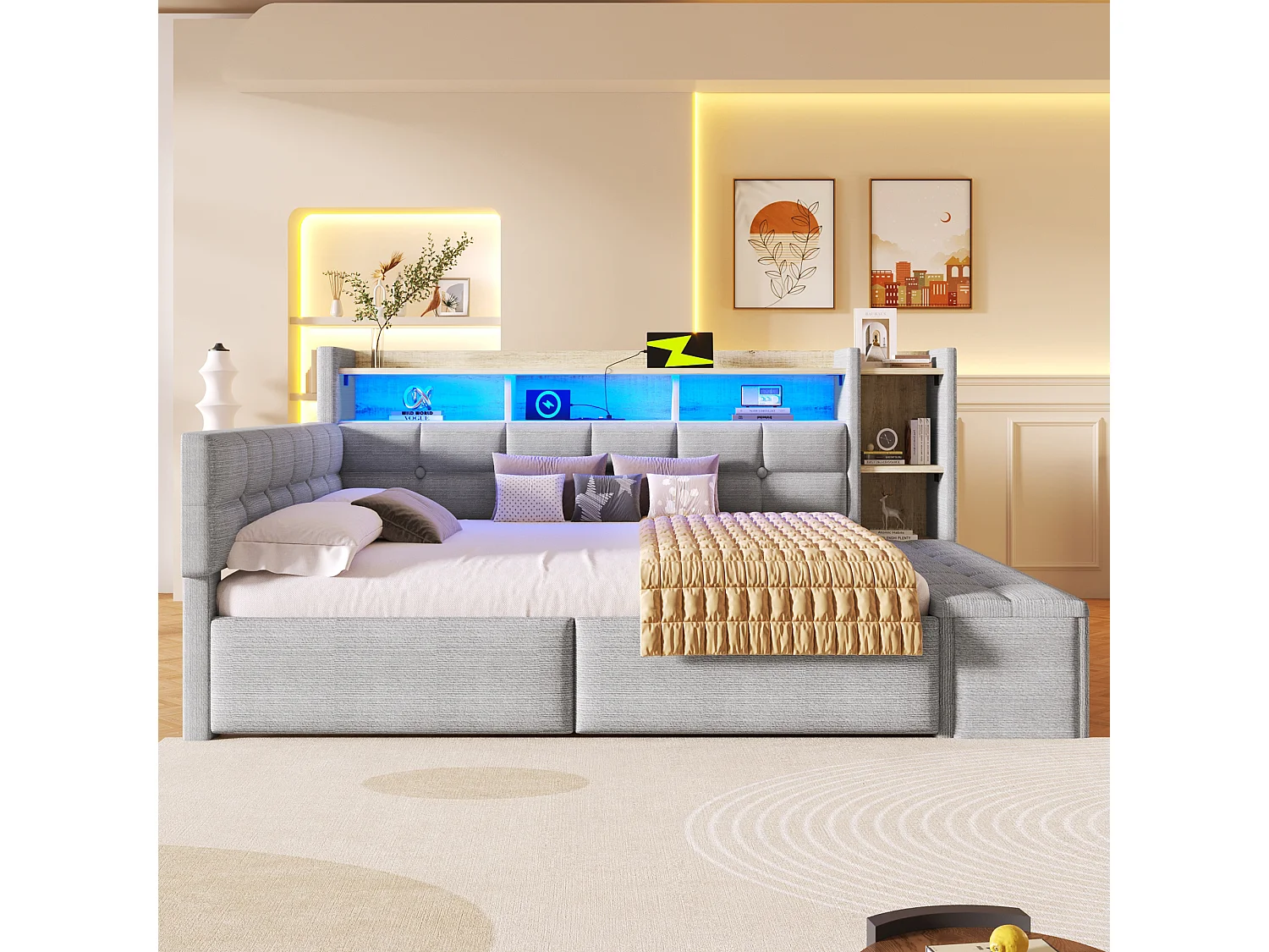 Divano letto 140x190 cm - con 2 cassetti - interfaccia USB + Type-C - con scomparti di riporre - con luce LED - grigio​ (materasso non incluso)