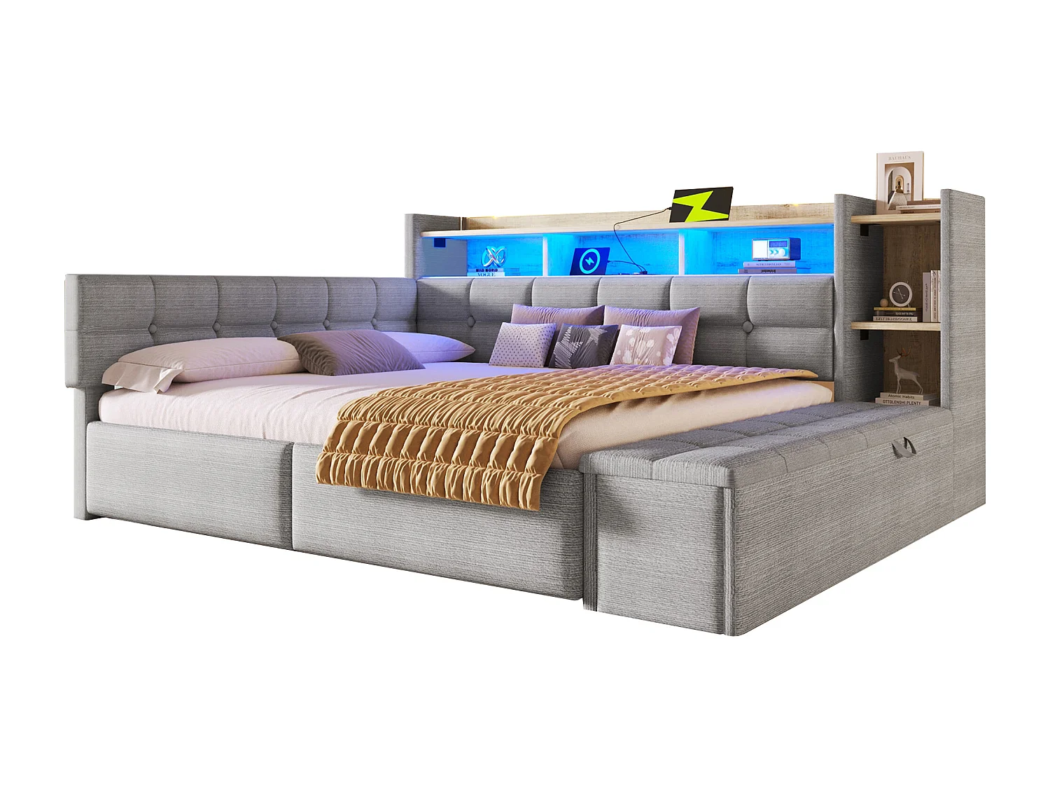 Divano letto 140x190 cm - con 2 cassetti - interfaccia USB + Type-C - con scomparti di riporre - con luce LED - grigio​ (materasso non incluso)