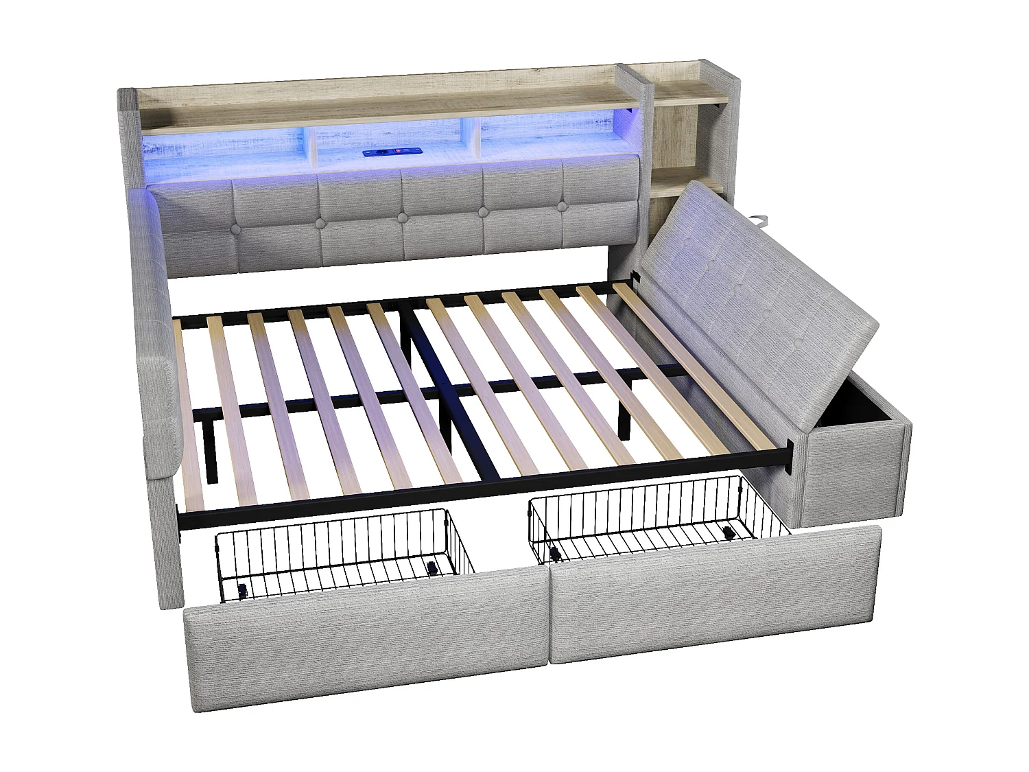 Divano letto 140x190 cm - con 2 cassetti - interfaccia USB + Type-C - con scomparti di riporre - con luce LED - grigio​ (materasso non incluso)