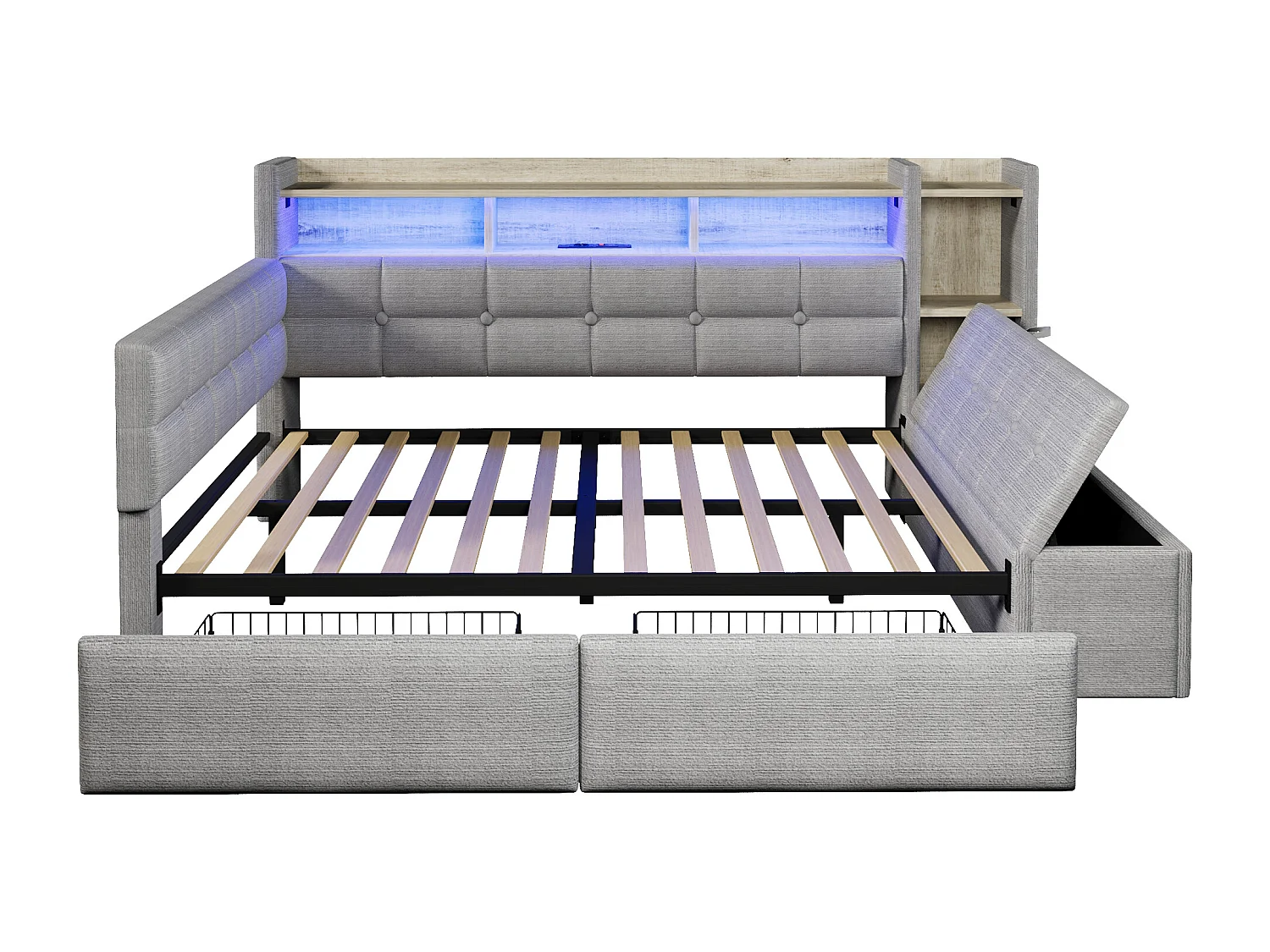 Divano letto 140x190 cm - con 2 cassetti - interfaccia USB + Type-C - con scomparti di riporre - con luce LED - grigio​ (materasso non incluso)