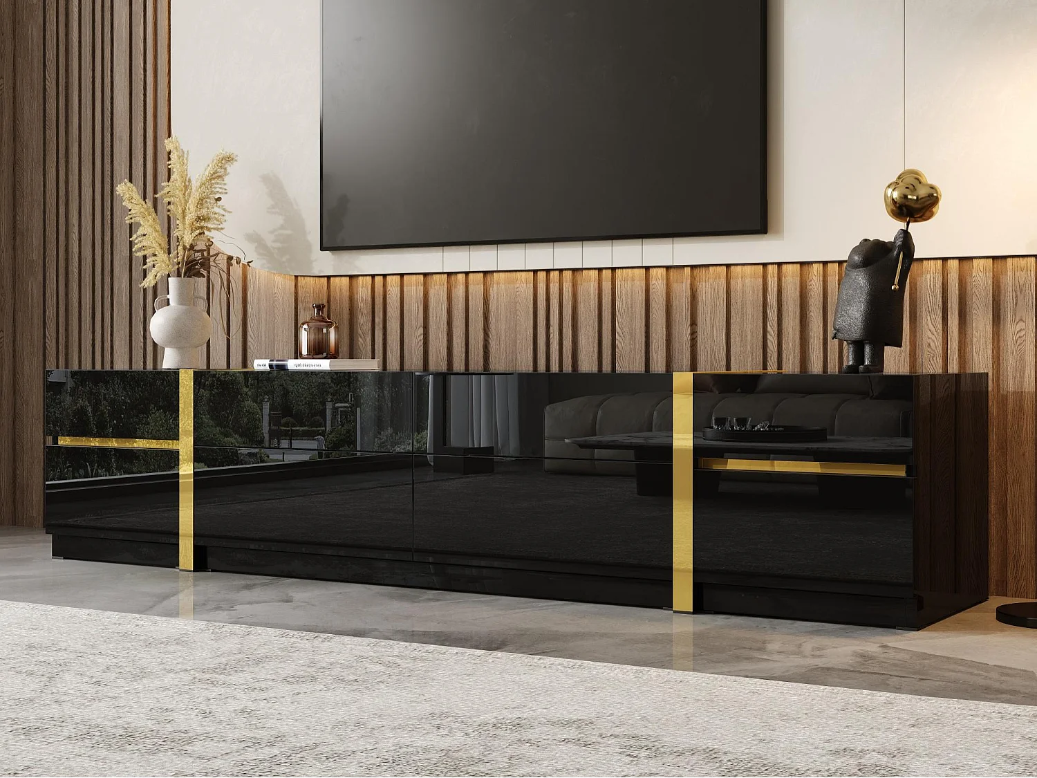 Moderner TV-Schrank 180x40x38 cm - Hochglanz-Finish - 4 Schubladen und 2 Türen - goldene Kanten - MDF - schwarz