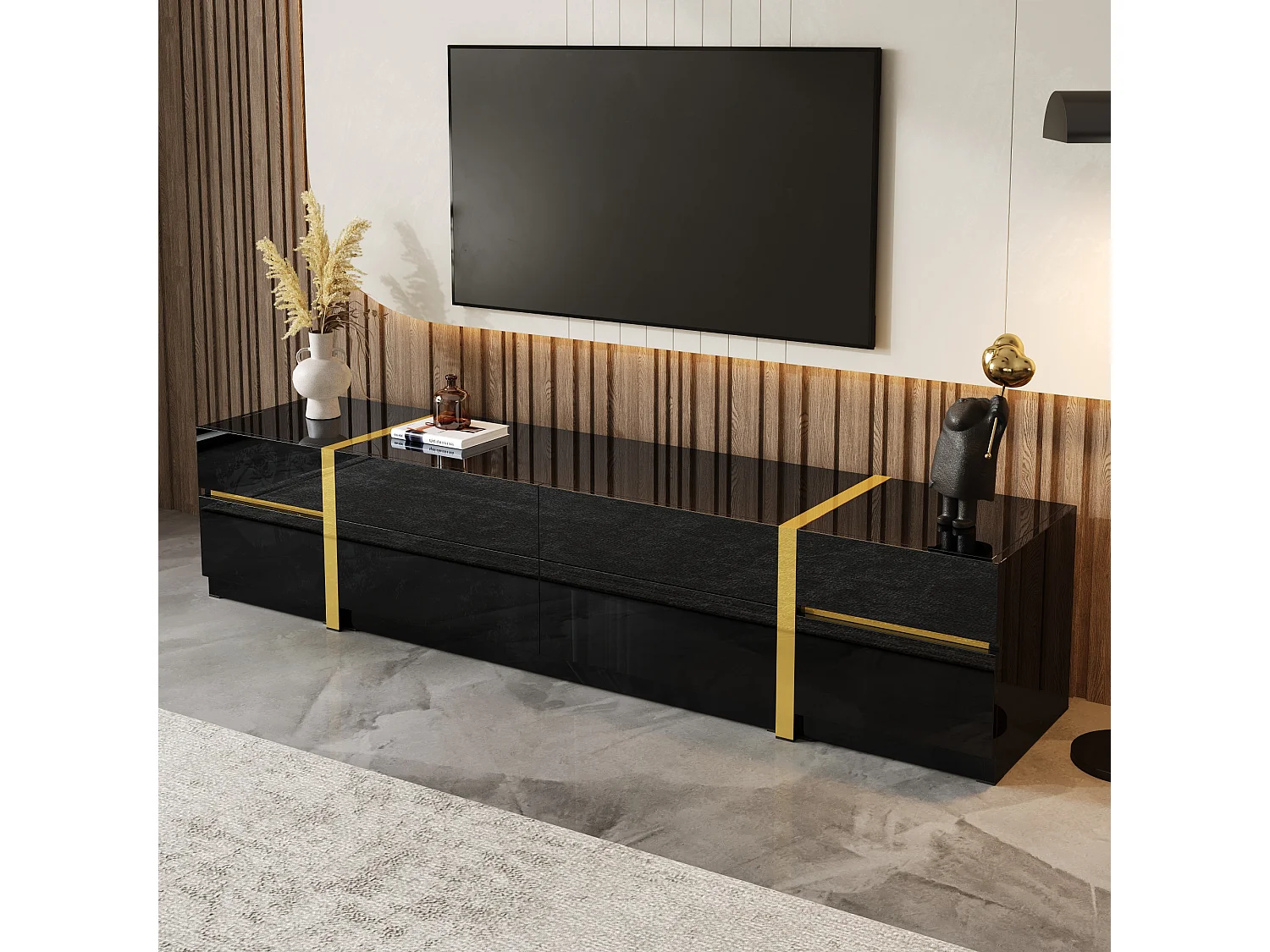 Moderner TV-Schrank 180x40x38 cm - Hochglanz-Finish - 4 Schubladen und 2 Türen - goldene Kanten - MDF - schwarz
