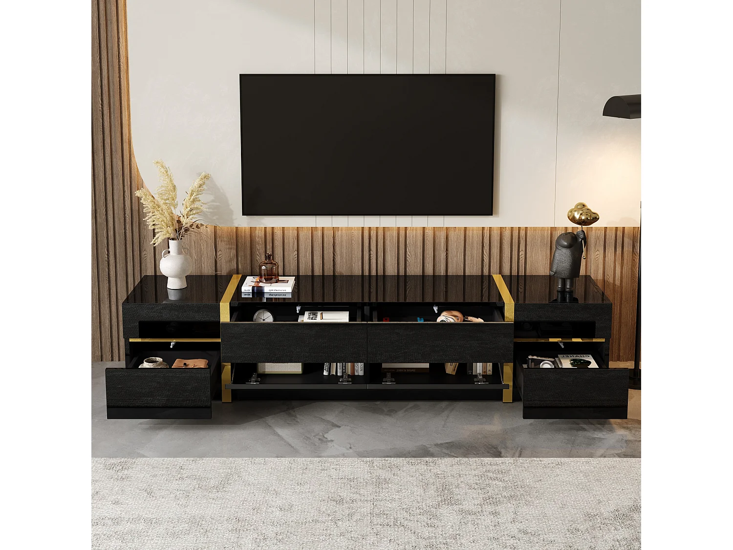 Moderner TV-Schrank 180x40x38 cm - Hochglanz-Finish - 4 Schubladen und 2 Türen - goldene Kanten - MDF - schwarz