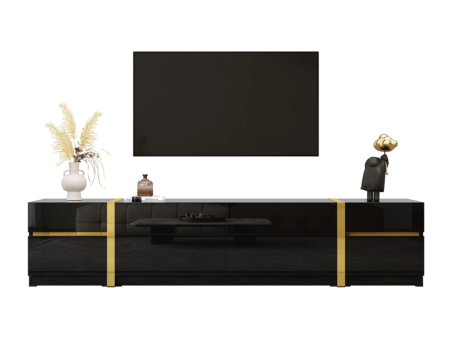 Moderner TV-Schrank 180x40x38 cm - Hochglanz-Finish - 4 Schubladen und 2 Türen - goldene Kanten - MDF - schwarz