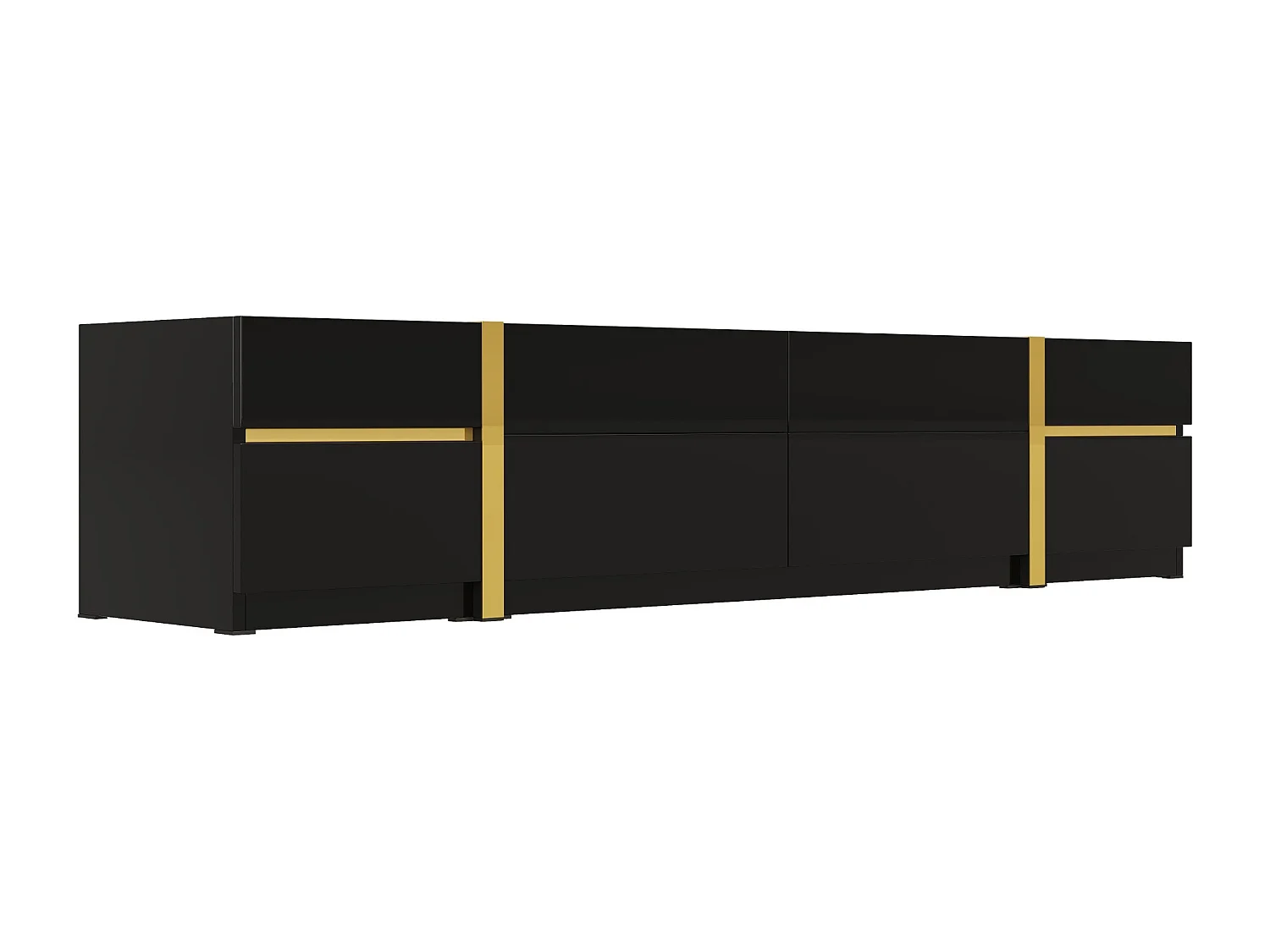 Moderner TV-Schrank 180x40x38 cm - Hochglanz-Finish - 4 Schubladen und 2 Türen - goldene Kanten - MDF - schwarz