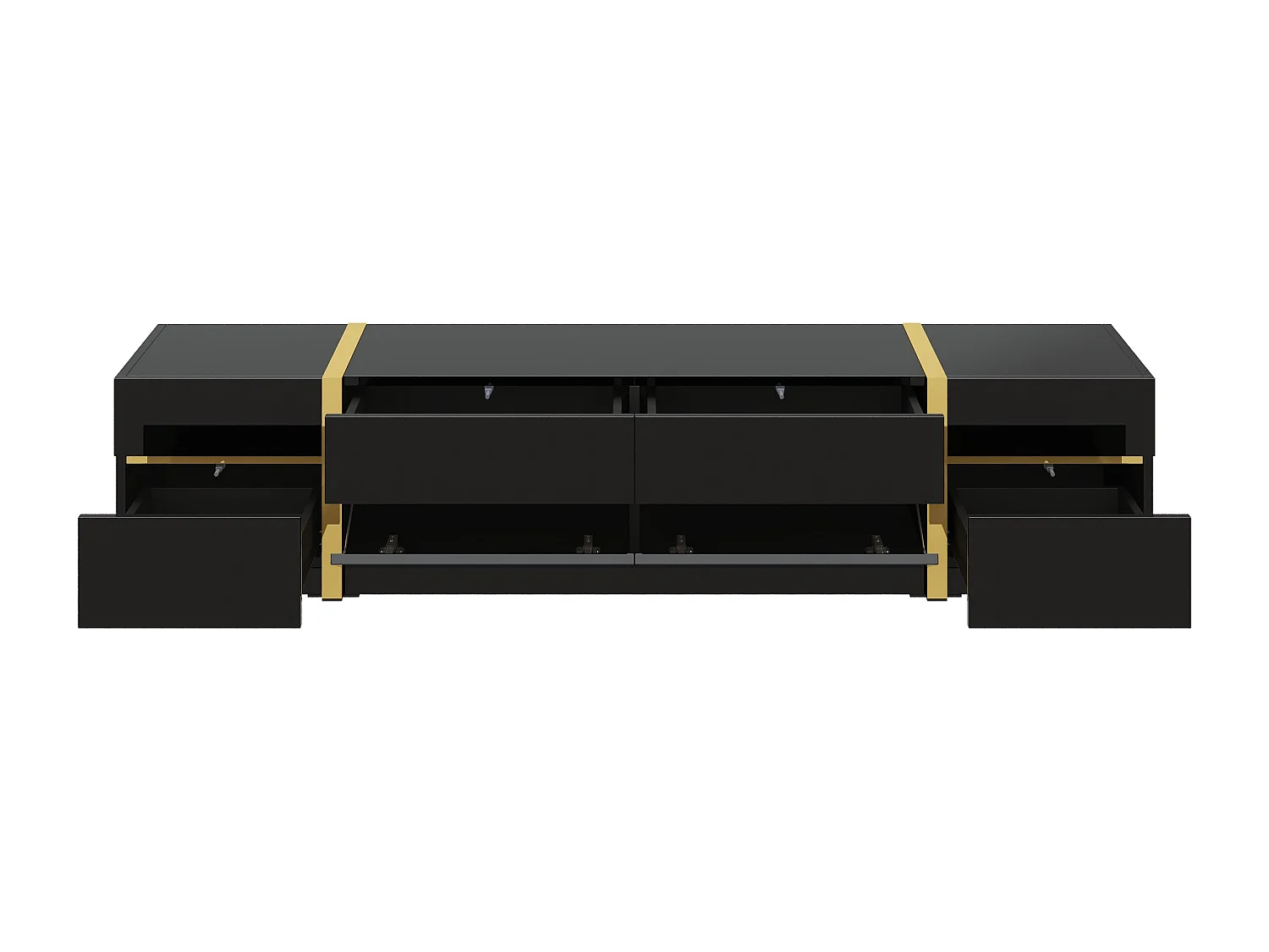 Moderner TV-Schrank 180x40x38 cm - Hochglanz-Finish - 4 Schubladen und 2 Türen - goldene Kanten - MDF - schwarz