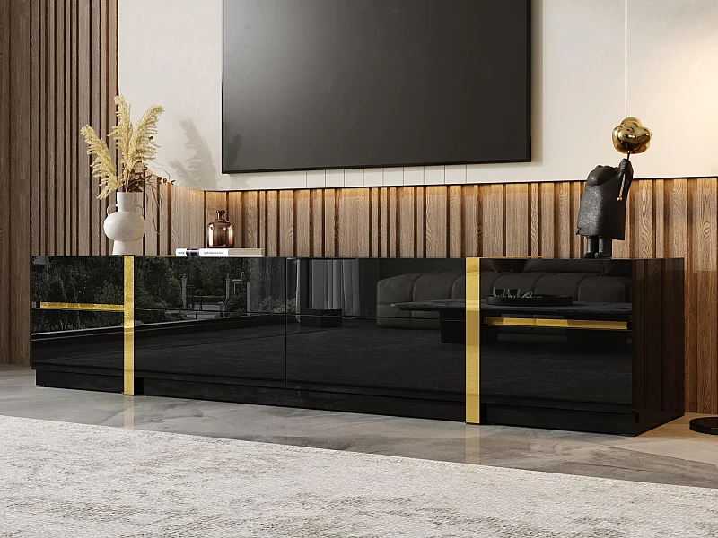 Moderner TV-Schrank 180x40x38 cm - Hochglanz-Finish - 4 Schubladen und 2 Türen - goldene Kanten - MDF - schwarz