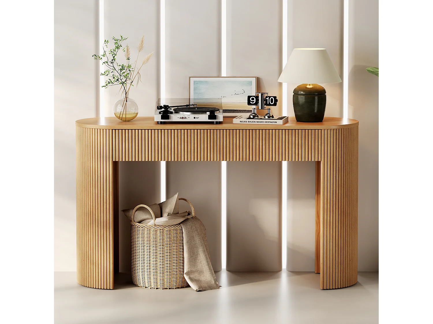 Eleganter Konsolentisch für den Eingangsbereich – 120 x 33 x 76 cm – mit 2 Schubladen und geschwungener Front – MDF – natur