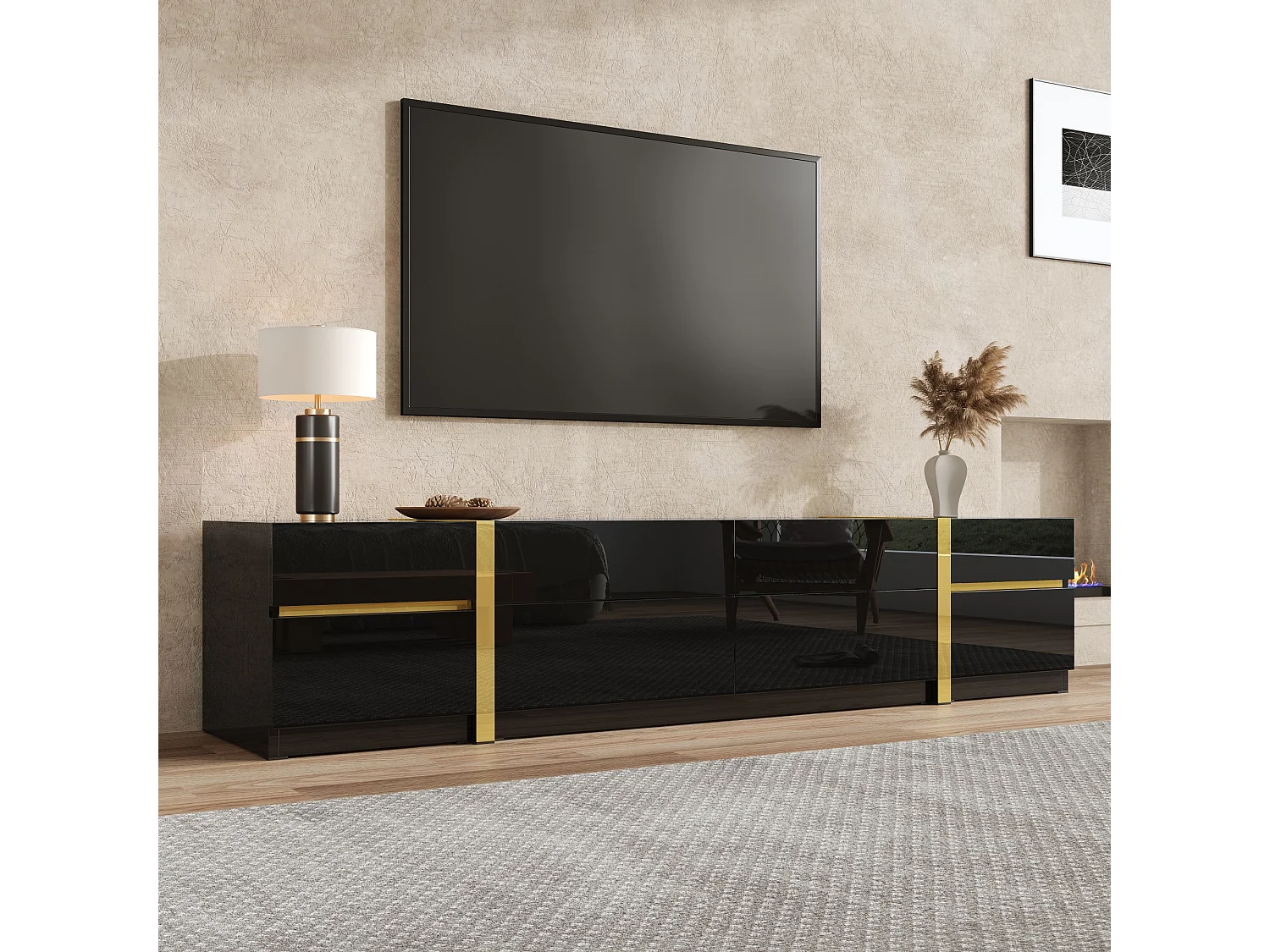 Hochglanz-TV-Ständer – 180 x 40 x 38 cm – mit Schubladen und Türen – modernes Design – MDF – schwarz