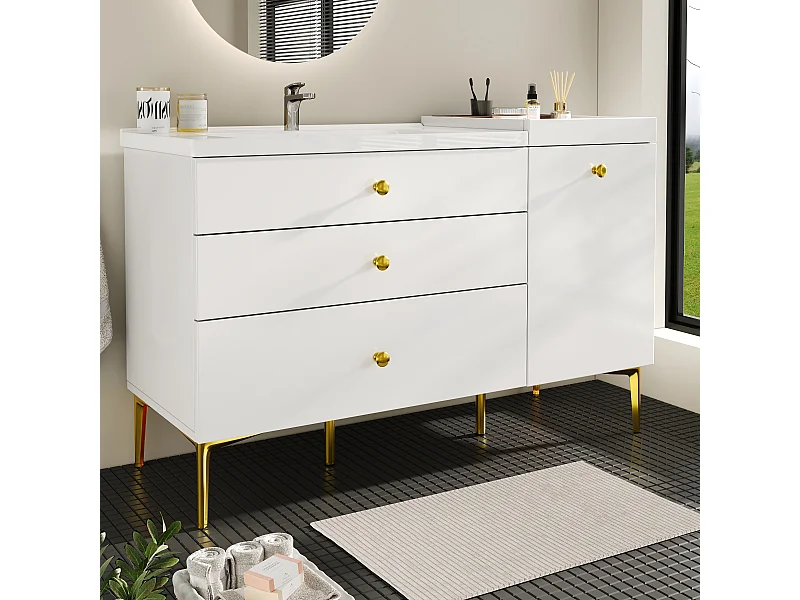 Meuble de salle de bain avec vasque en céramique - 120 x 47.5 x 80 cm - avec tiroirs et placard - MDF - blanc