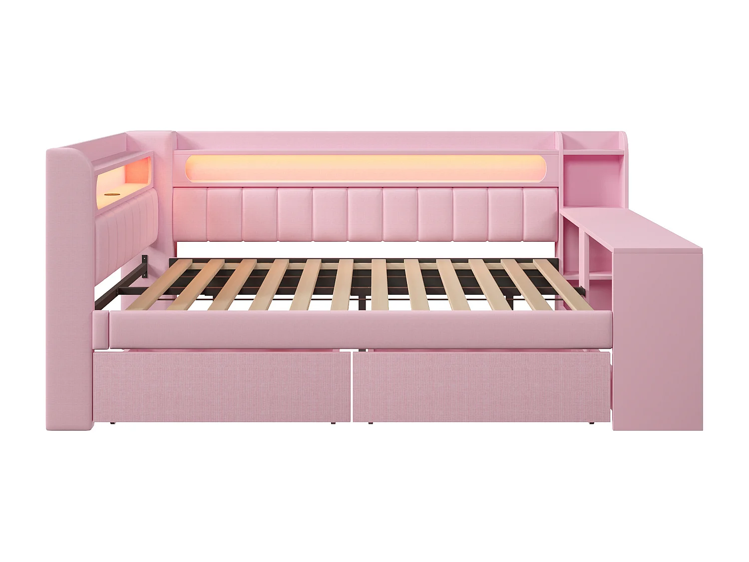 Canapé-lit capitonné 140 x 200 cm - avec LED et port USB - avec bureau et 2 tiroirs - Rose (Matelas non inclus)