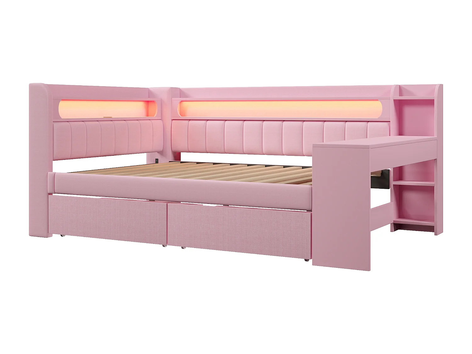 Canapé-lit capitonné 140 x 200 cm - avec LED et port USB - avec bureau et 2 tiroirs - Rose (Matelas non inclus)