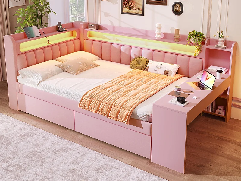 Canapé-lit capitonné 140 x 200 cm - avec LED et port USB - avec bureau et 2 tiroirs - Rose (Matelas non inclus)