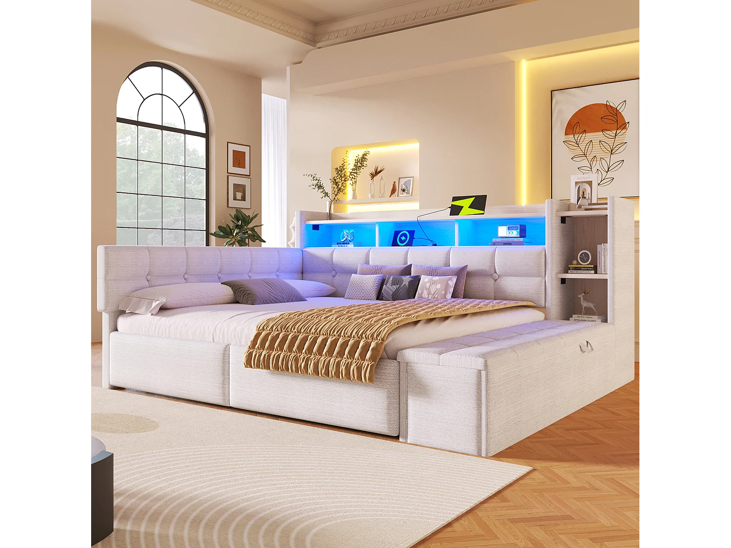 Schlafsofa 140x190 cm - mit 2 Schubladen - USB + Type-C-Schnittstelle - mit Staufächern - mit LED-Licht - weiß​ (Matratze nicht inbegriffen)