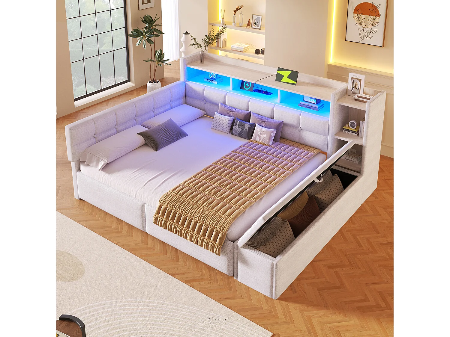 Schlafsofa 140x190 cm - mit 2 Schubladen - USB + Type-C-Schnittstelle - mit Staufächern - mit LED-Licht - weiß​ (Matratze nicht inbegriffen)