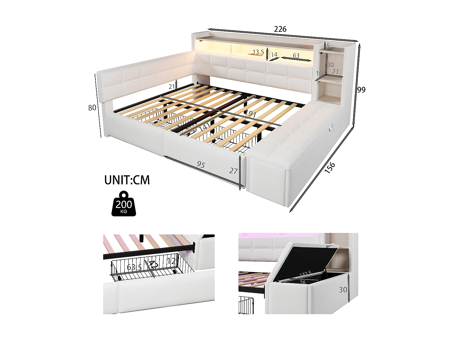 Schlafsofa 140x190 cm - mit 2 Schubladen - USB + Type-C-Schnittstelle - mit Staufächern - mit LED-Licht - weiß​ (Matratze nicht inbegriffen)