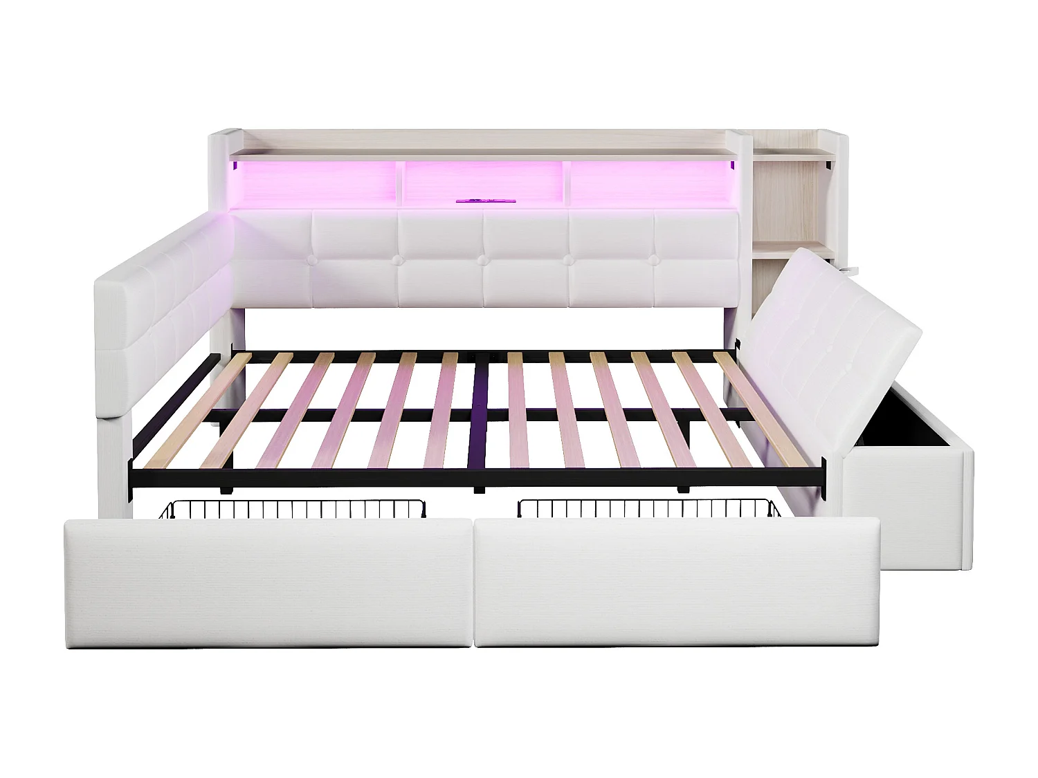 Schlafsofa 140x190 cm - mit 2 Schubladen - USB + Type-C-Schnittstelle - mit Staufächern - mit LED-Licht - weiß​ (Matratze nicht inbegriffen)