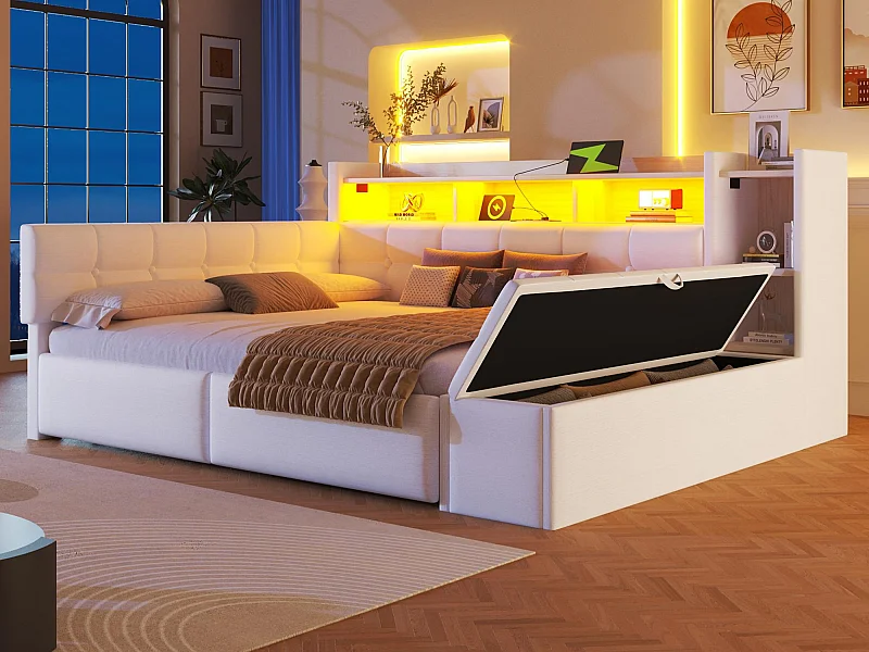 Schlafsofa 140x190 cm - mit 2 Schubladen - USB + Type-C-Schnittstelle - mit Staufächern - mit LED-Licht - weiß​ (Matratze nicht inbegriffen)