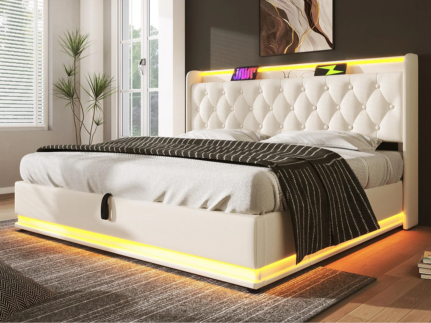 Łóżko skrzynia tapicerowane 140x190cm z ekoskóry - z LED i gniazdami USB & Type-C - materiał PU - Biały​ (bez materaca)