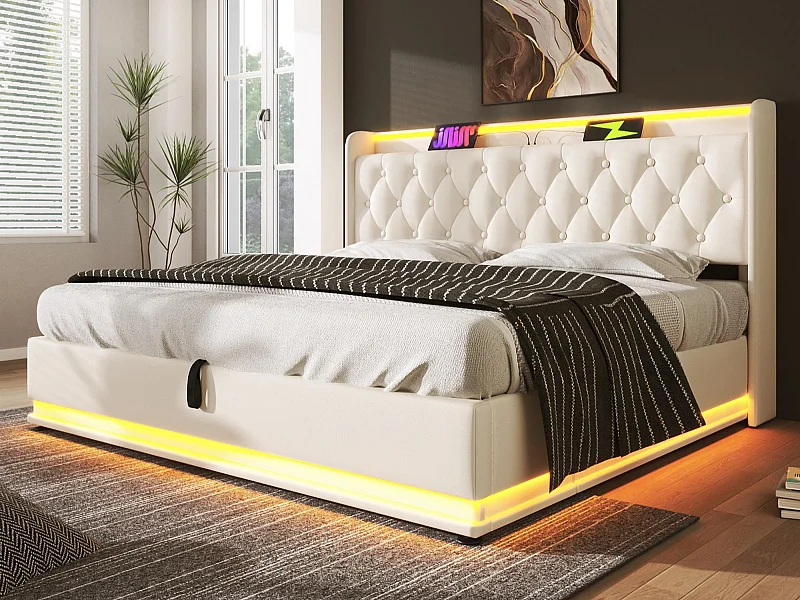 Łóżko skrzynia tapicerowane 140x190cm z ekoskóry - z LED i gniazdami USB & Type-C - materiał PU - Biały​ (bez materaca)