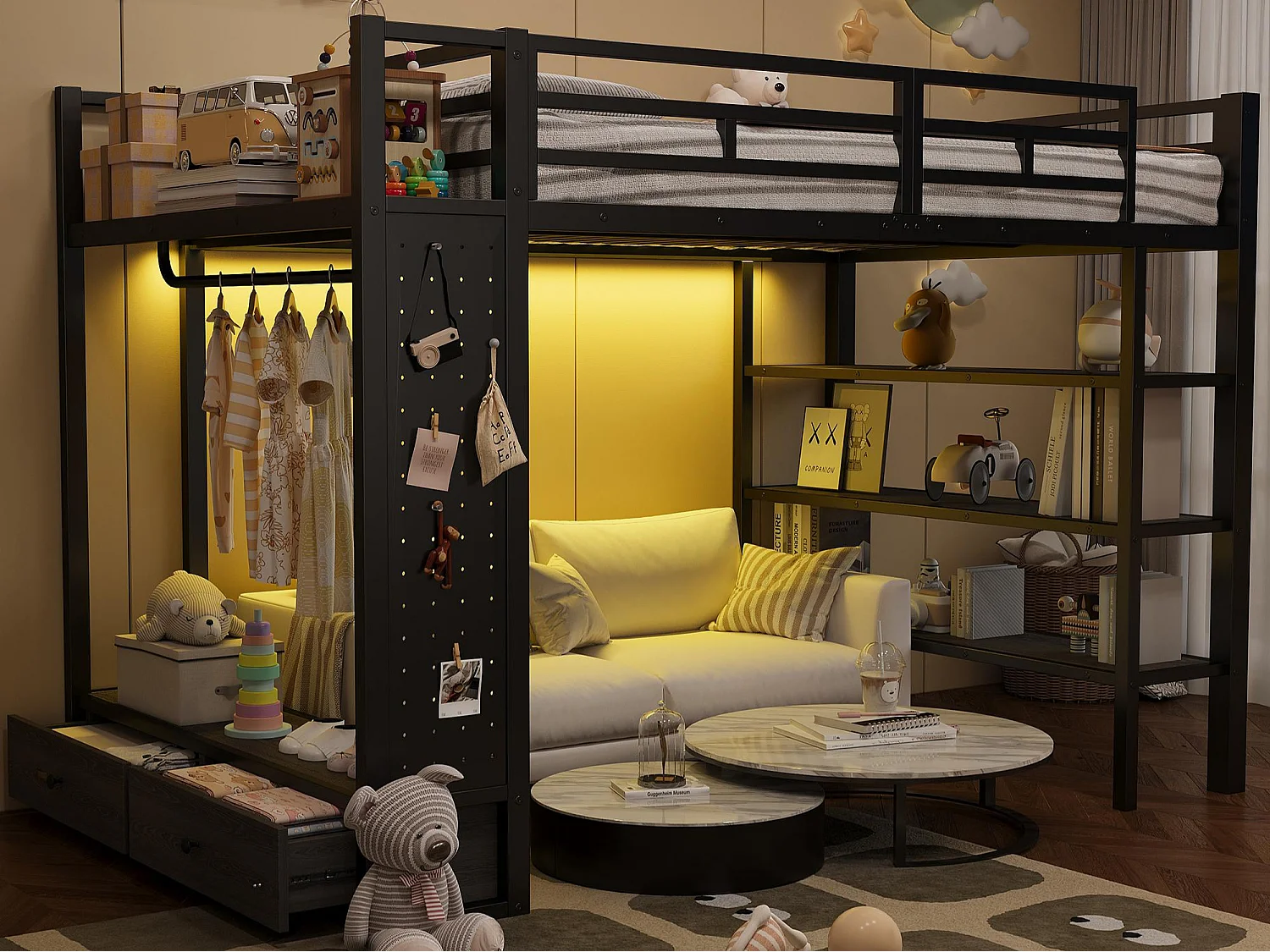 Cama mezanino de metal 140x200cm con LED - Armário aberto e 2 gavetas - Prateleiras + painéis de armazenamento - Preto​ (sem colchão)