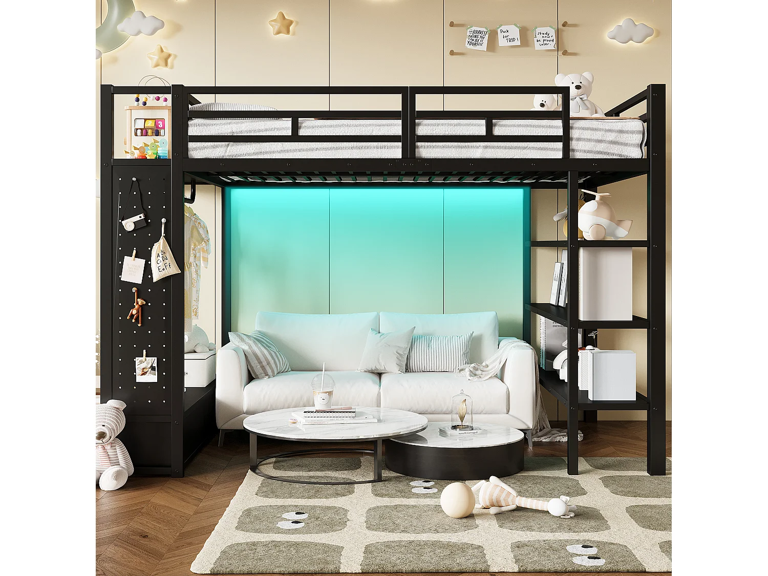 Cama mezanino de metal 140x200cm con LED - Armário aberto e 2 gavetas - Prateleiras + painéis de armazenamento - Preto​ (sem colchão)