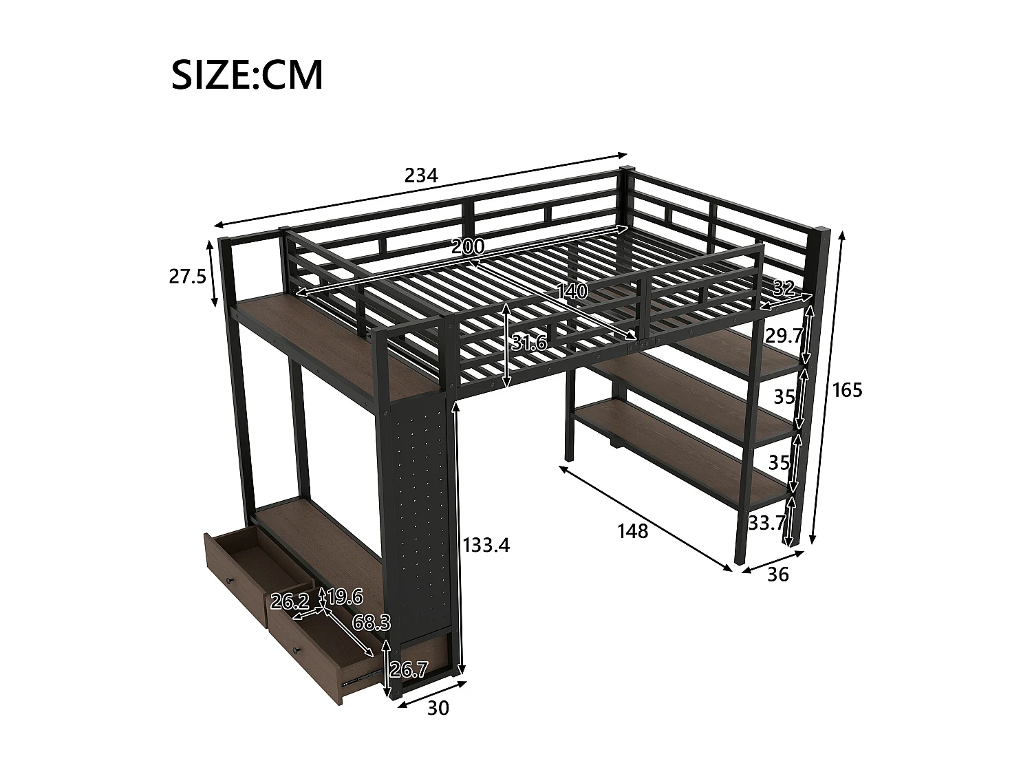Cama mezanino de metal 140x200cm con LED - Armário aberto e 2 gavetas - Prateleiras + painéis de armazenamento - Preto​ (sem colchão)
