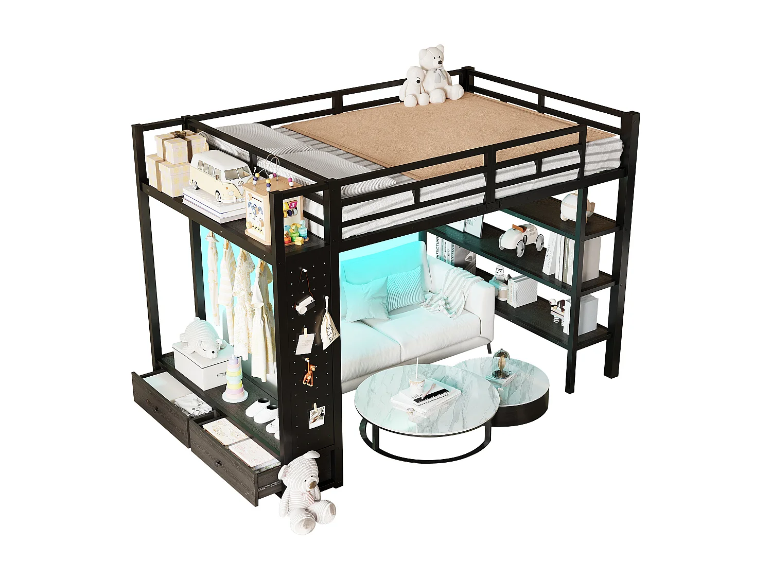 Cama mezanino de metal 140x200cm con LED - Armário aberto e 2 gavetas - Prateleiras + painéis de armazenamento - Preto​ (sem colchão)