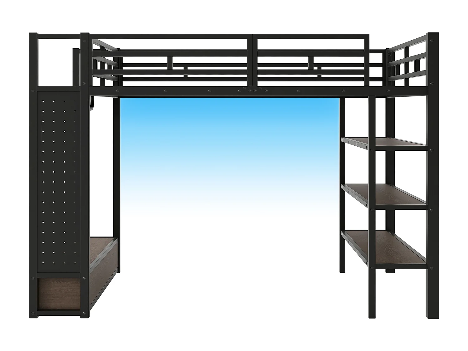 Cama mezanino de metal 140x200cm con LED - Armário aberto e 2 gavetas - Prateleiras + painéis de armazenamento - Preto​ (sem colchão)