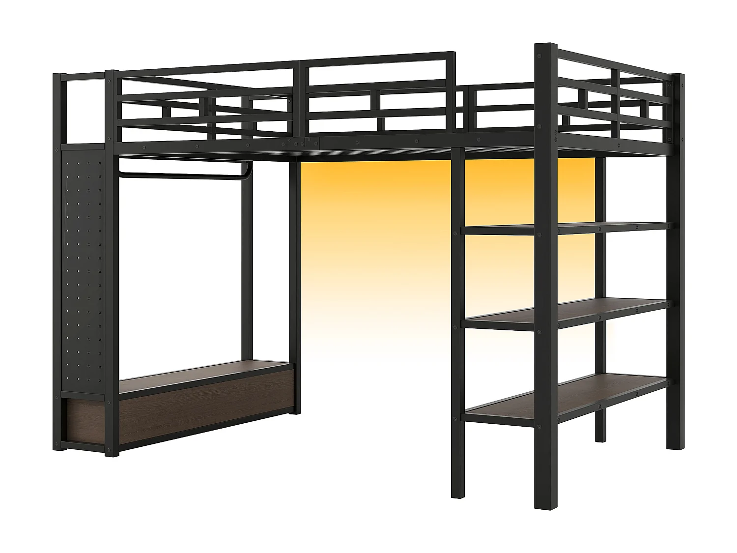 Cama mezanino de metal 140x200cm con LED - Armário aberto e 2 gavetas - Prateleiras + painéis de armazenamento - Preto​ (sem colchão)