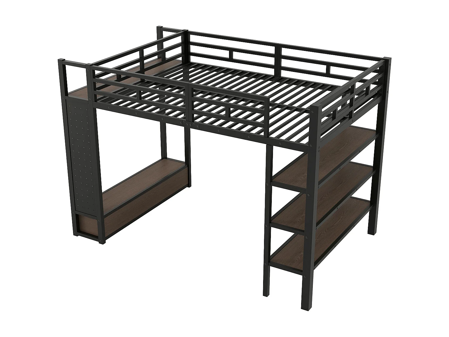 Cama mezanino de metal 140x200cm con LED - Armário aberto e 2 gavetas - Prateleiras + painéis de armazenamento - Preto​ (sem colchão)