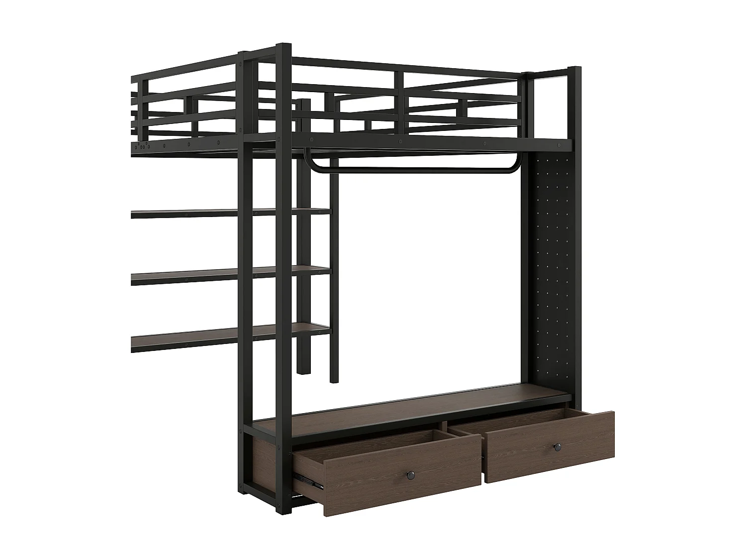 Cama mezanino de metal 140x200cm con LED - Armário aberto e 2 gavetas - Prateleiras + painéis de armazenamento - Preto​ (sem colchão)