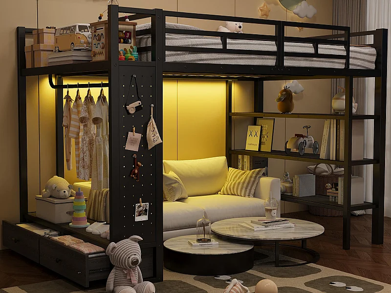 Lit mezzanine en métal 140x200cm avec LED -  Armoire ouverte et 2 tiroirs - Étagères+panneaux de rangement - Noir (sans matelas)