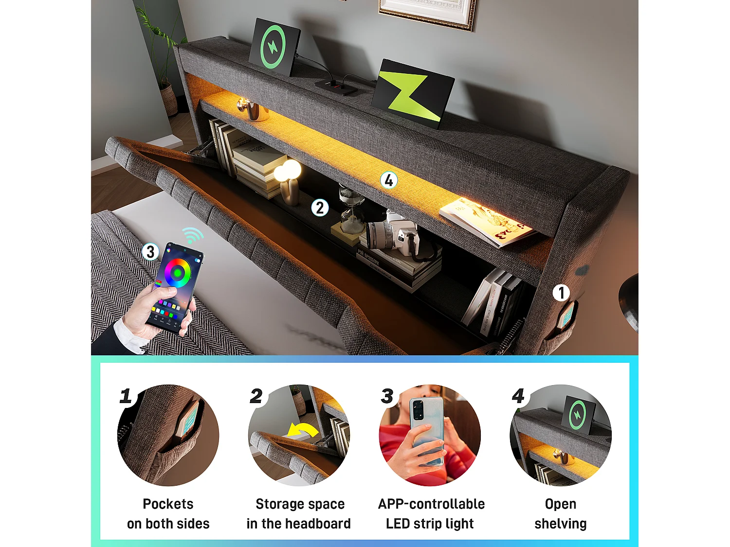 Letto con contenitore imbottito 140x190 cm - con LED - con porte USB e Type-C - Tessuto di lino - Testata con spazio di archiviazione - Grigio