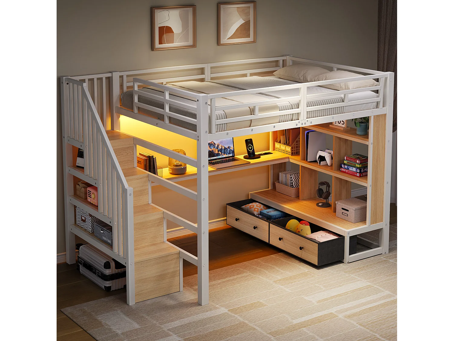 Letto soppalcato in metallo 140x200cm con LED - con scrivania e ripiani - 2 cassetti e scala di riporre - Bianco​ (senza materasso)