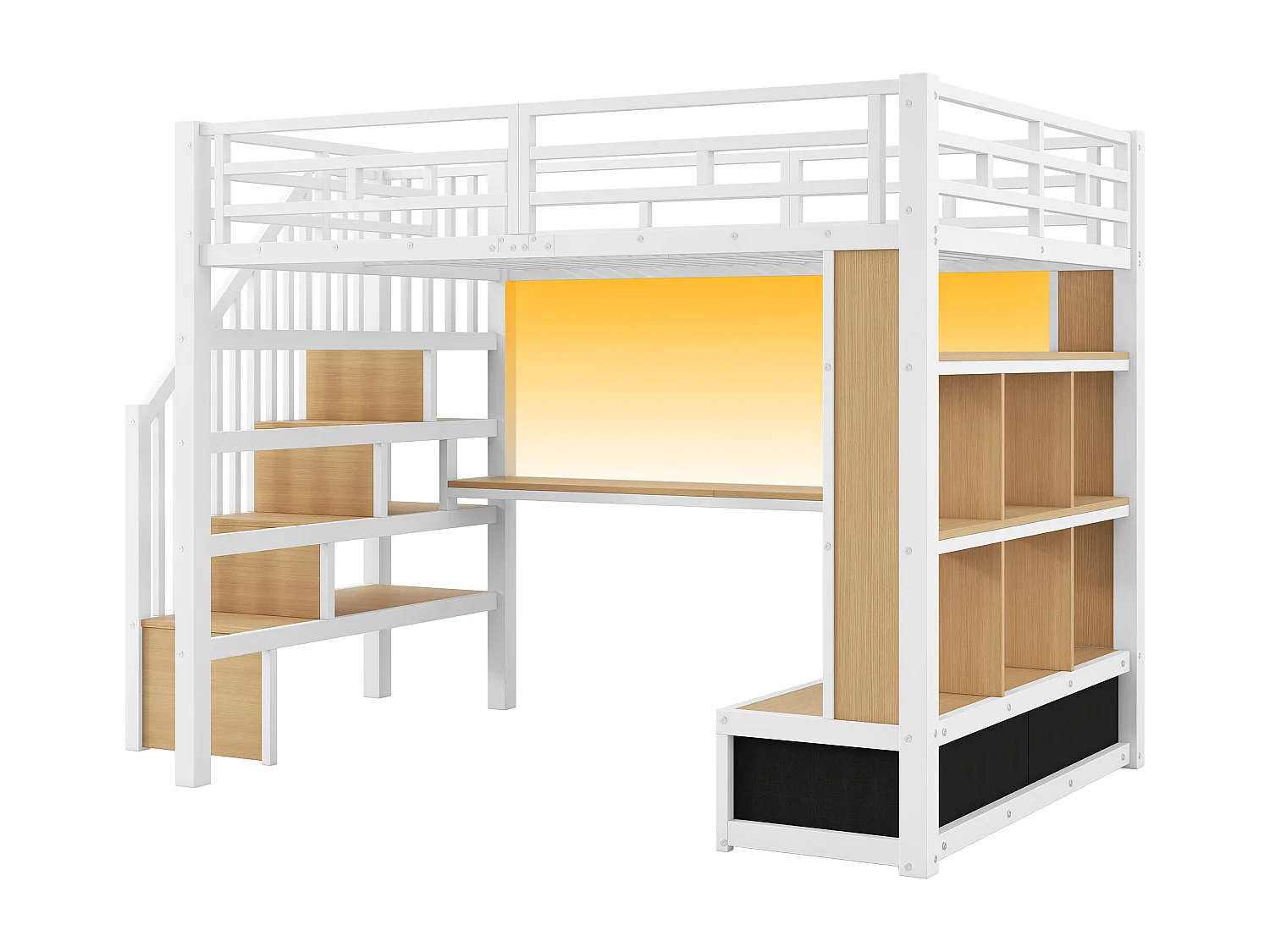 Letto soppalcato in metallo 140x200cm con LED - con scrivania e ripiani - 2 cassetti e scala di riporre - Bianco​ (senza materasso)