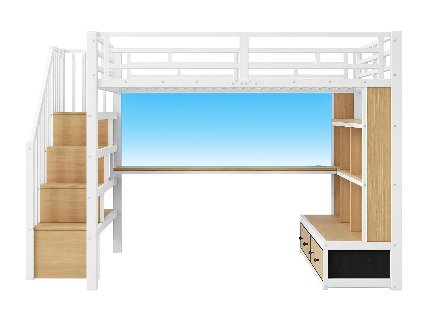 Letto soppalcato in metallo 140x200cm con LED - con scrivania e ripiani - 2 cassetti e scala di riporre - Bianco​ (senza materasso)