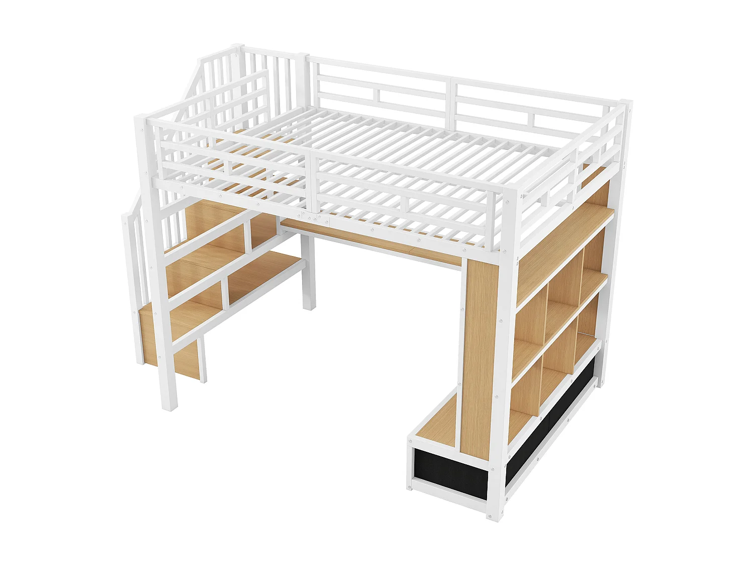 Letto soppalcato in metallo 140x200cm con LED - con scrivania e ripiani - 2 cassetti e scala di riporre - Bianco​ (senza materasso)