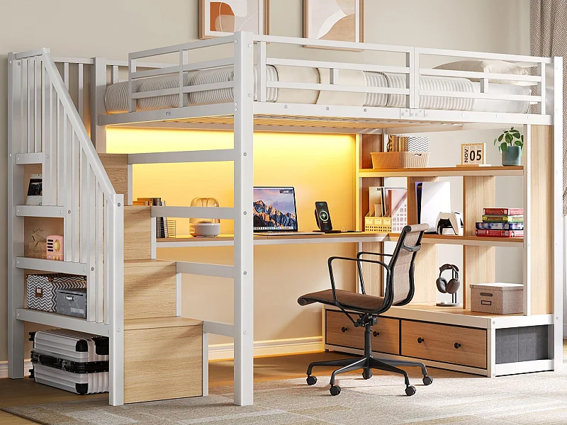 Lit mezzanine en métal 140x200cm avec LED - avec bureau et étagères - 2 tiroirs et escalier de rangement - Blanc (sans matelas)