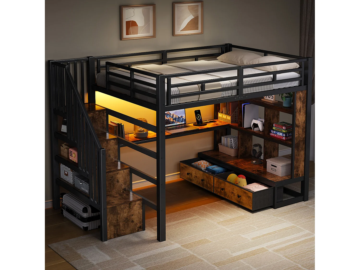 Cama mezanino de metal 140x200cm con LED - con escrivaninha e prateleiras - 2 gavetas e escada de armazenamento - Preto​ (sem colchão)