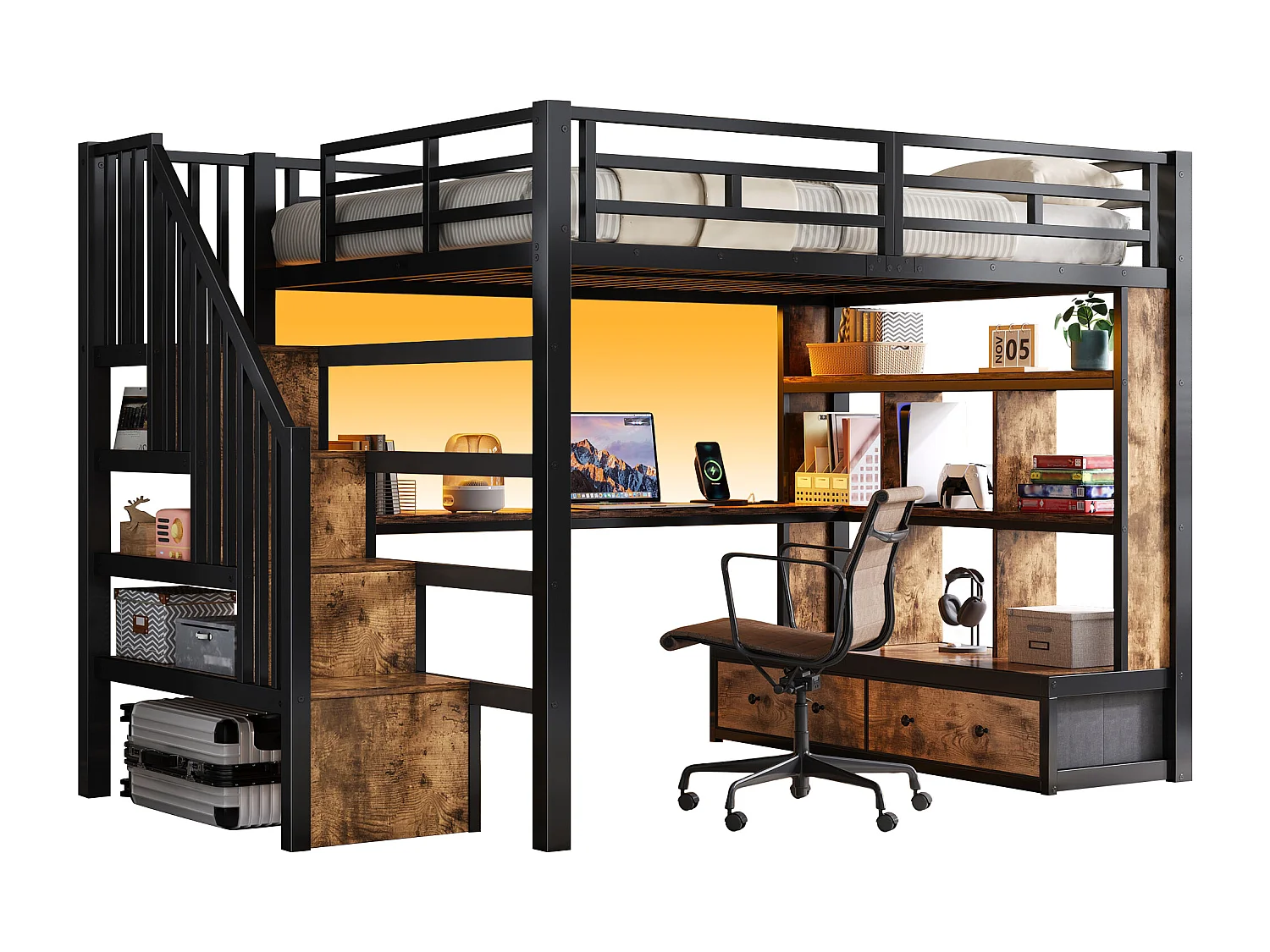 Cama mezanino de metal 140x200cm con LED - con escrivaninha e prateleiras - 2 gavetas e escada de armazenamento - Preto​ (sem colchão)