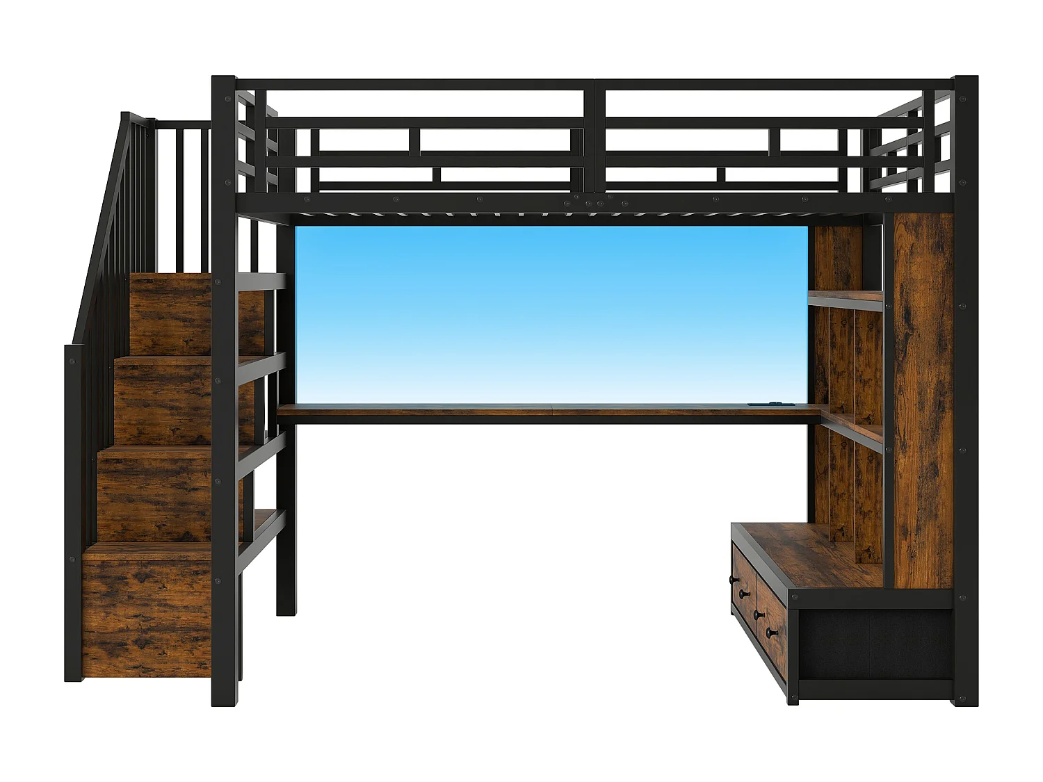 Cama mezanino de metal 140x200cm con LED - con escrivaninha e prateleiras - 2 gavetas e escada de armazenamento - Preto​ (sem colchão)