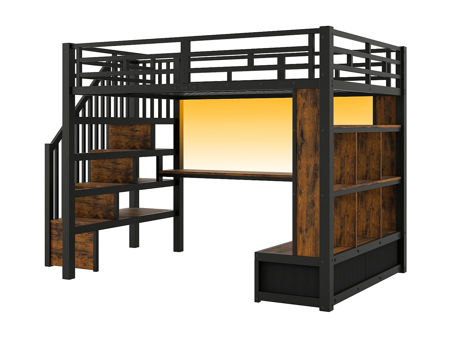 Cama mezanino de metal 140x200cm con LED - con escrivaninha e prateleiras - 2 gavetas e escada de armazenamento - Preto​ (sem colchão)