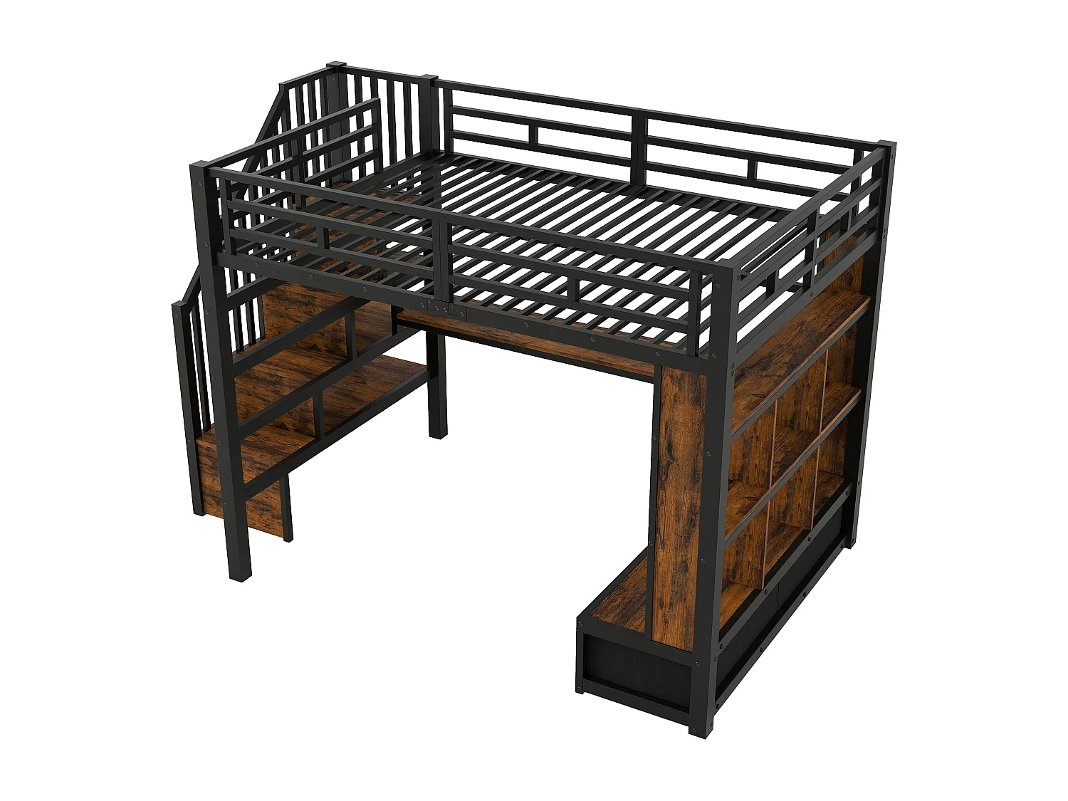 Cama mezanino de metal 140x200cm con LED - con escrivaninha e prateleiras - 2 gavetas e escada de armazenamento - Preto​ (sem colchão)