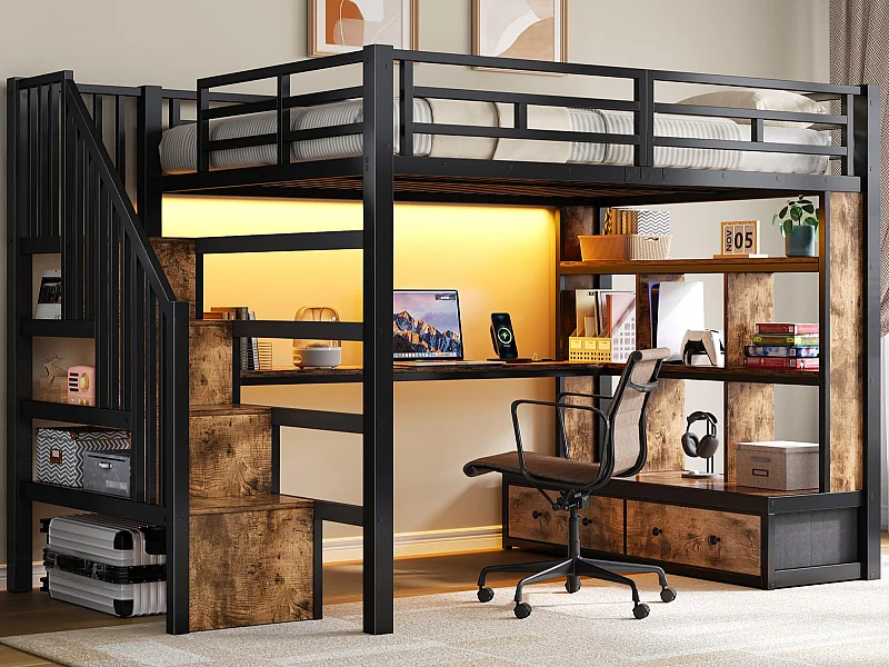 Cama mezanino de metal 140x200cm con LED - con escrivaninha e prateleiras - 2 gavetas e escada de armazenamento - Preto​ (sem colchão)