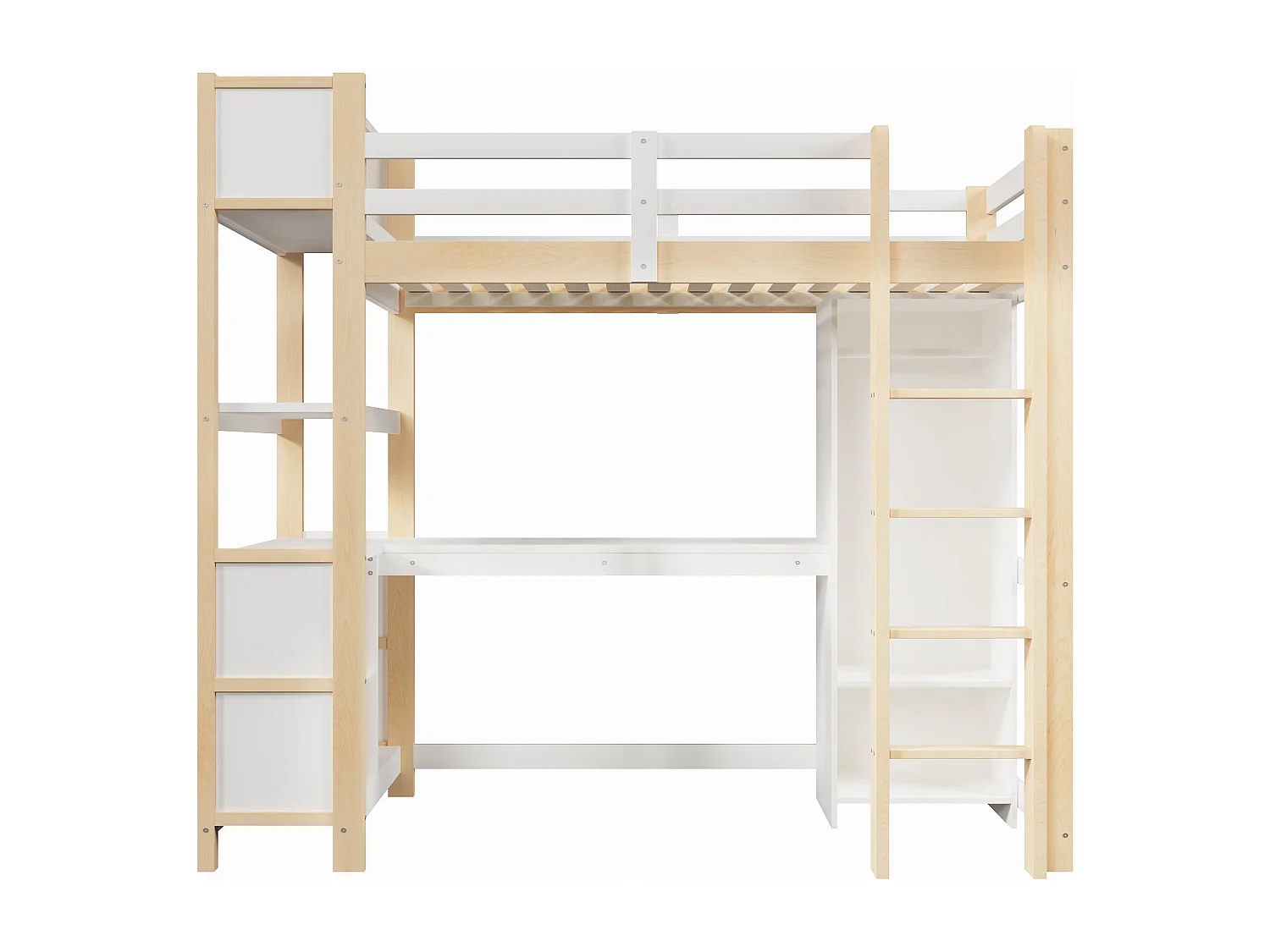 Letto soppalcato 90x200cm - con ripiani - con scomparti di riporre - con scrivania + armadio - naturale​ (materasso non incluso)