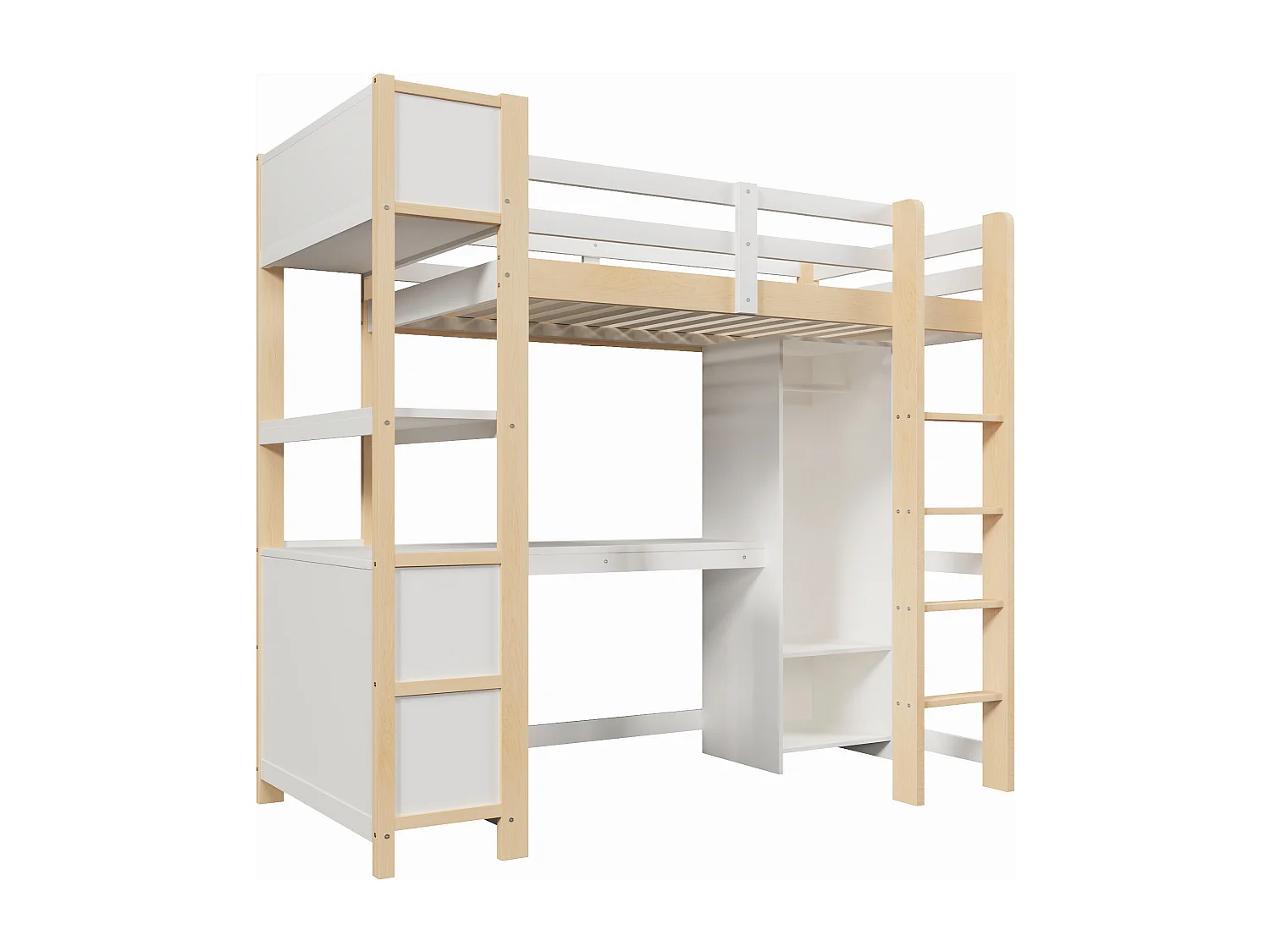 Letto soppalcato 90x200cm - con ripiani - con scomparti di riporre - con scrivania + armadio - naturale​ (materasso non incluso)