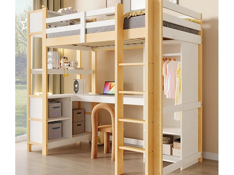 Hochbett 90x200cm - mit Regalen - mit Staufächern - mit Schreibtisch + Schrank - natur​ (Matratze nicht inbegriffen)